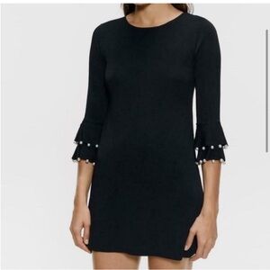 ZARA Black dress with faux Pearl ruffle beaded sleeves Size Medium